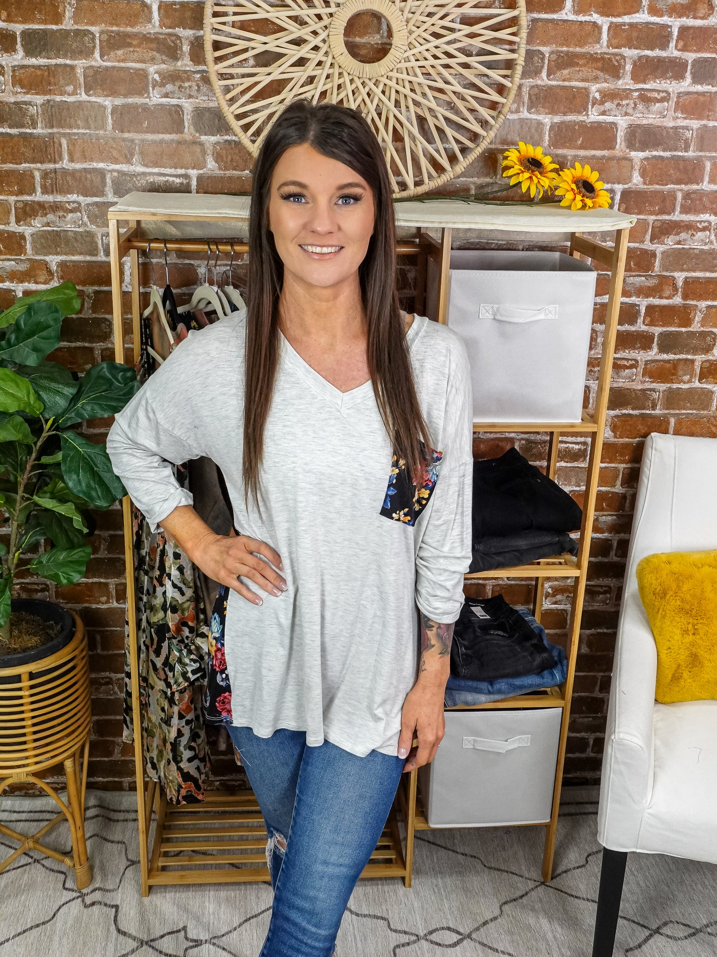 Soft Heather Grey Body & Black Floral Print Top