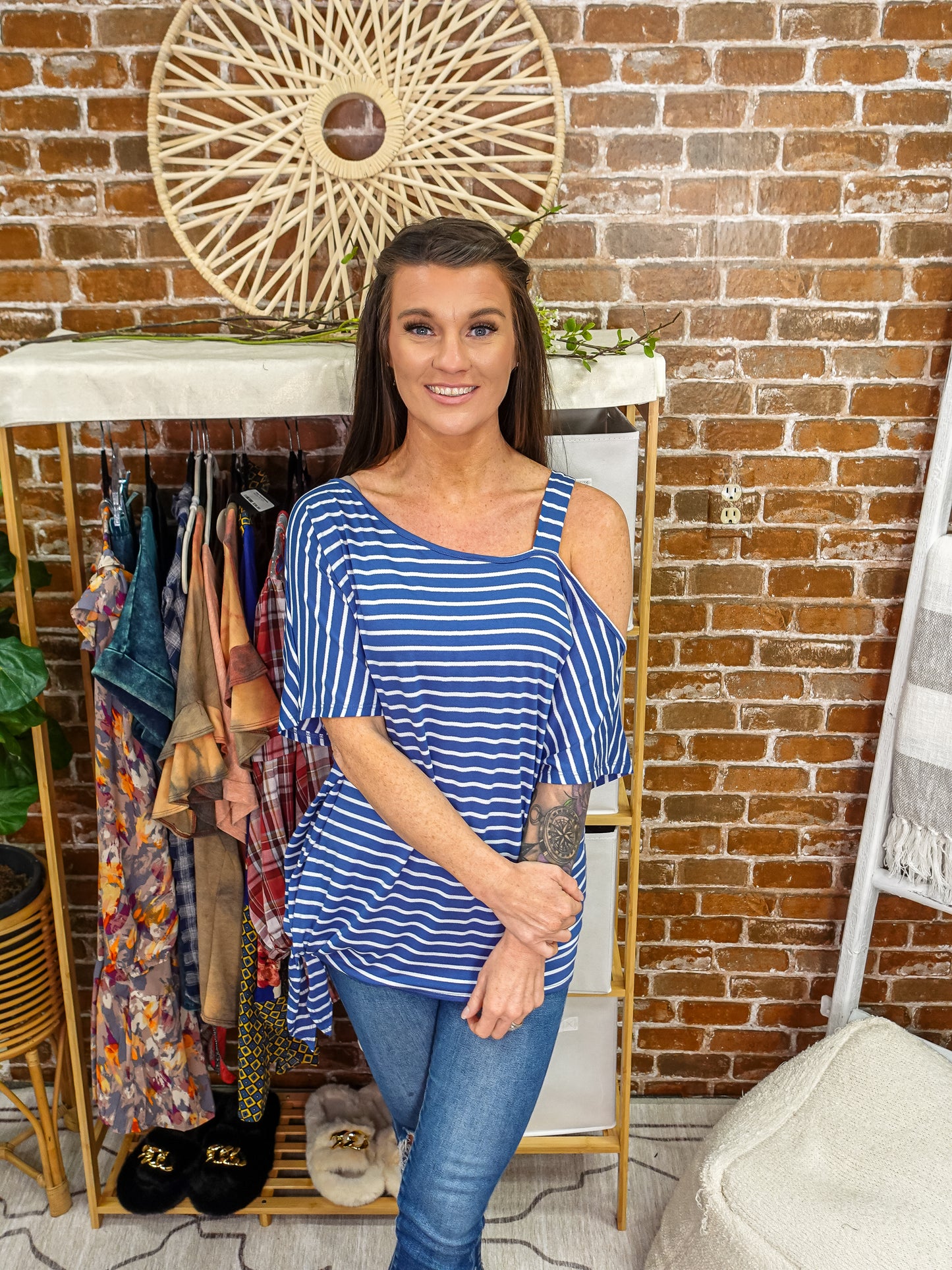Stripe One Shoulder Banded Dolman Top