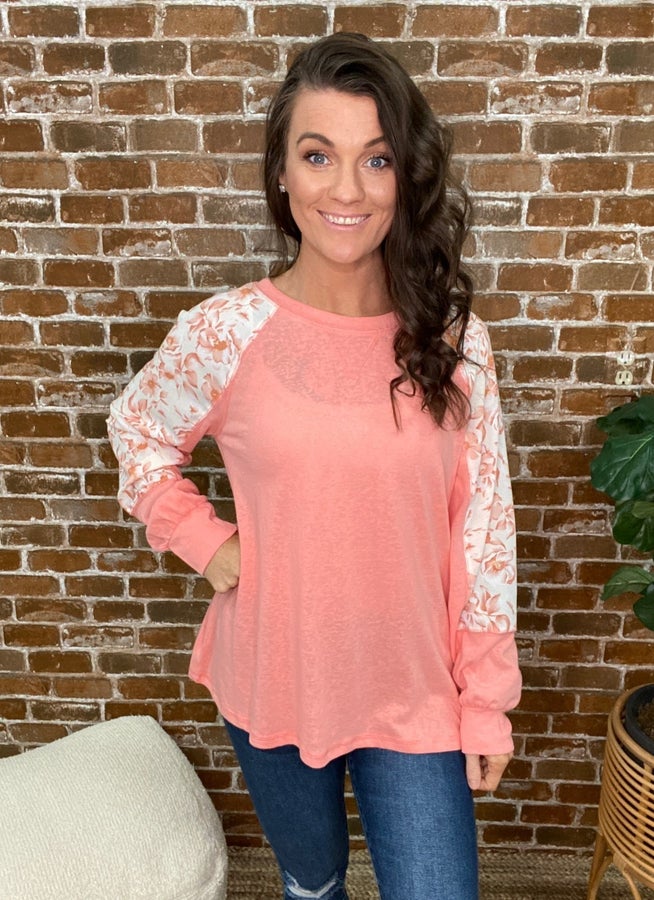 Papaya Knit Top w/Chiffon Floral Sleeves