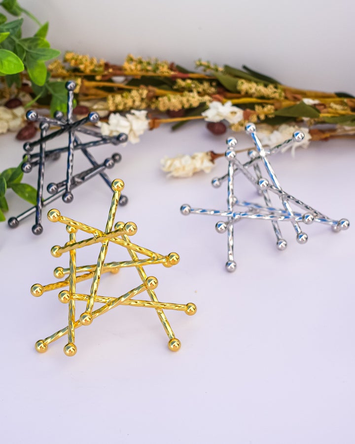 three geo metal sphere stands