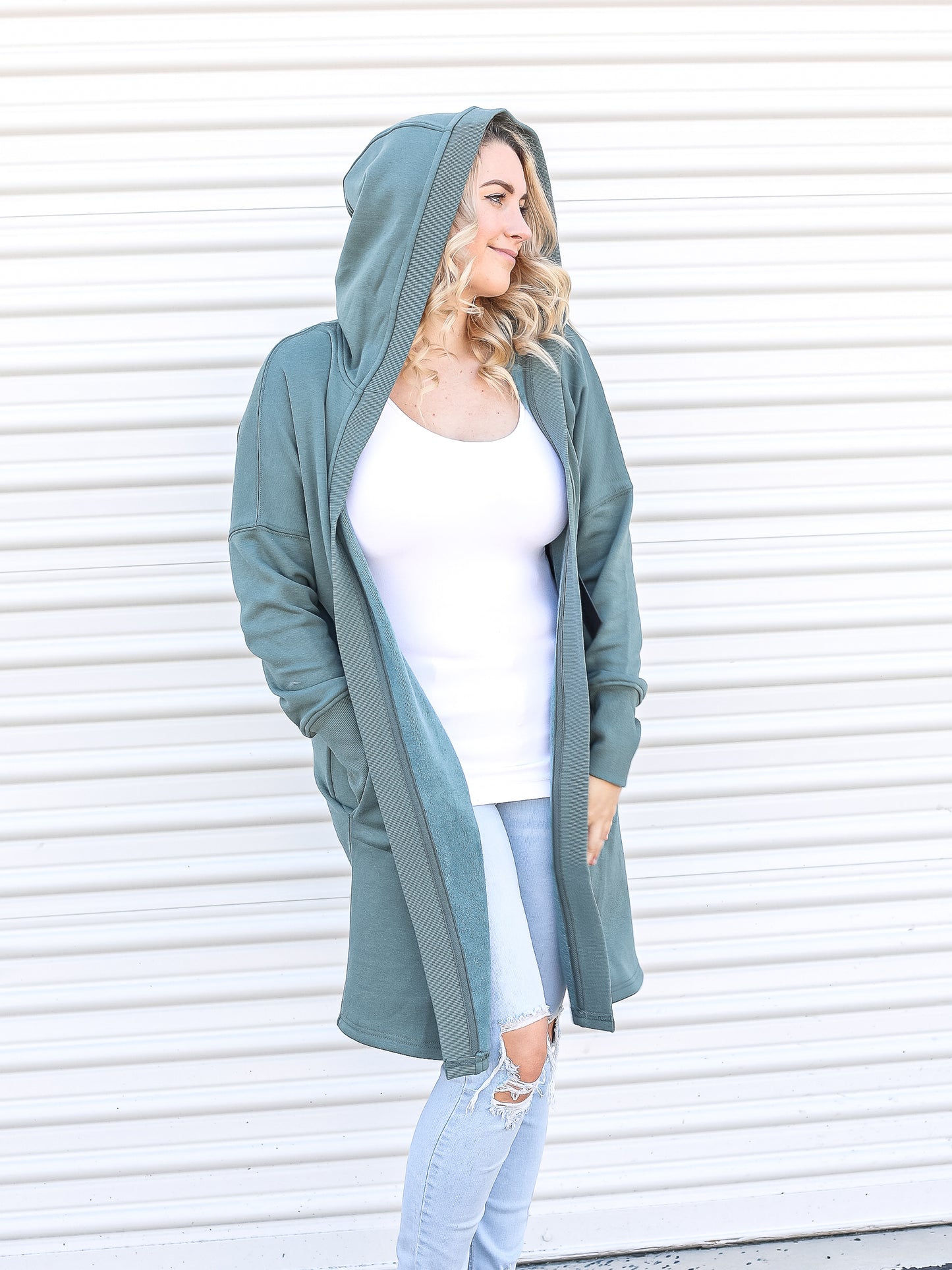 Side view of hood, in the long open front cardigan