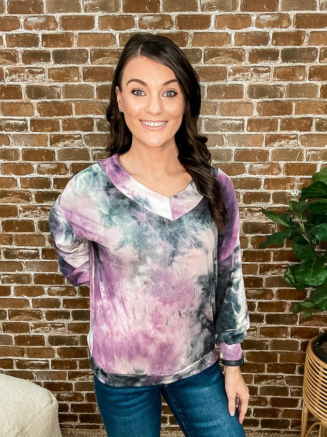 Purple and grey tie dye long sleeve thin sweater.