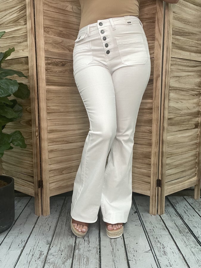Hi-Rise Buttonfly Patch Pocket Flare Jeans