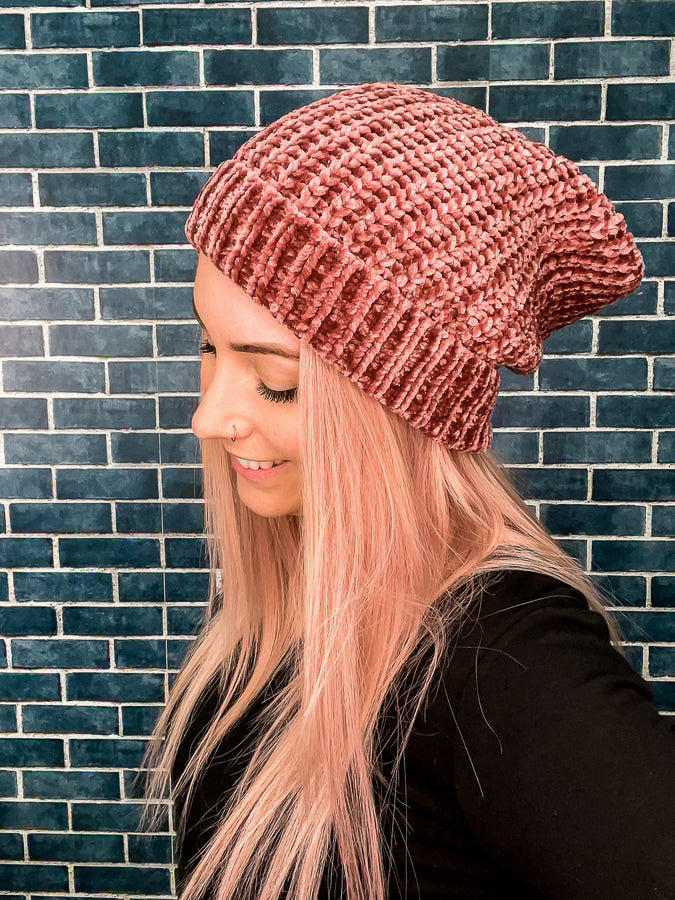 Super soft mauve beanie, side view.