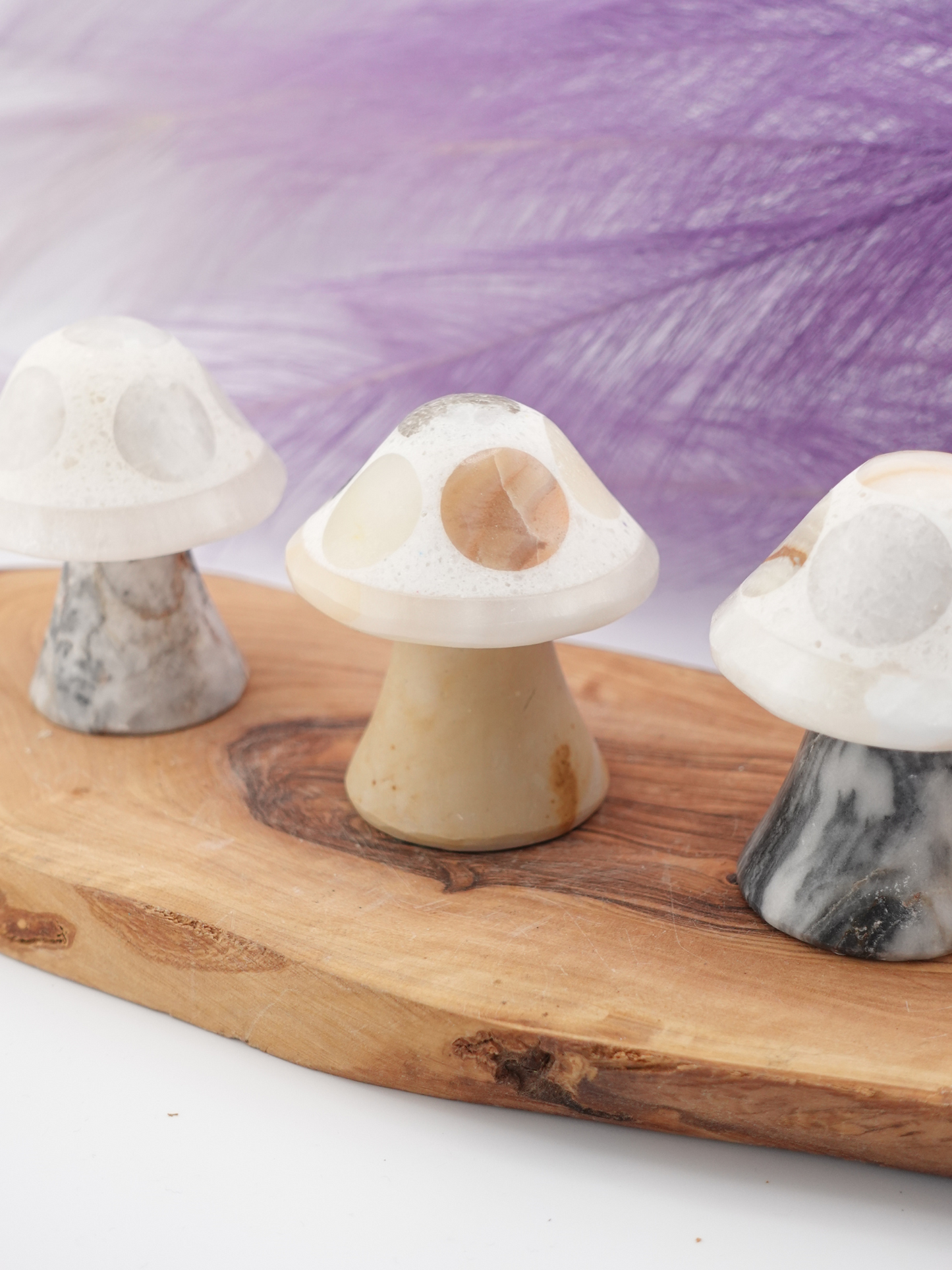 Three banded calcite mushrooms displayed on wooden stand