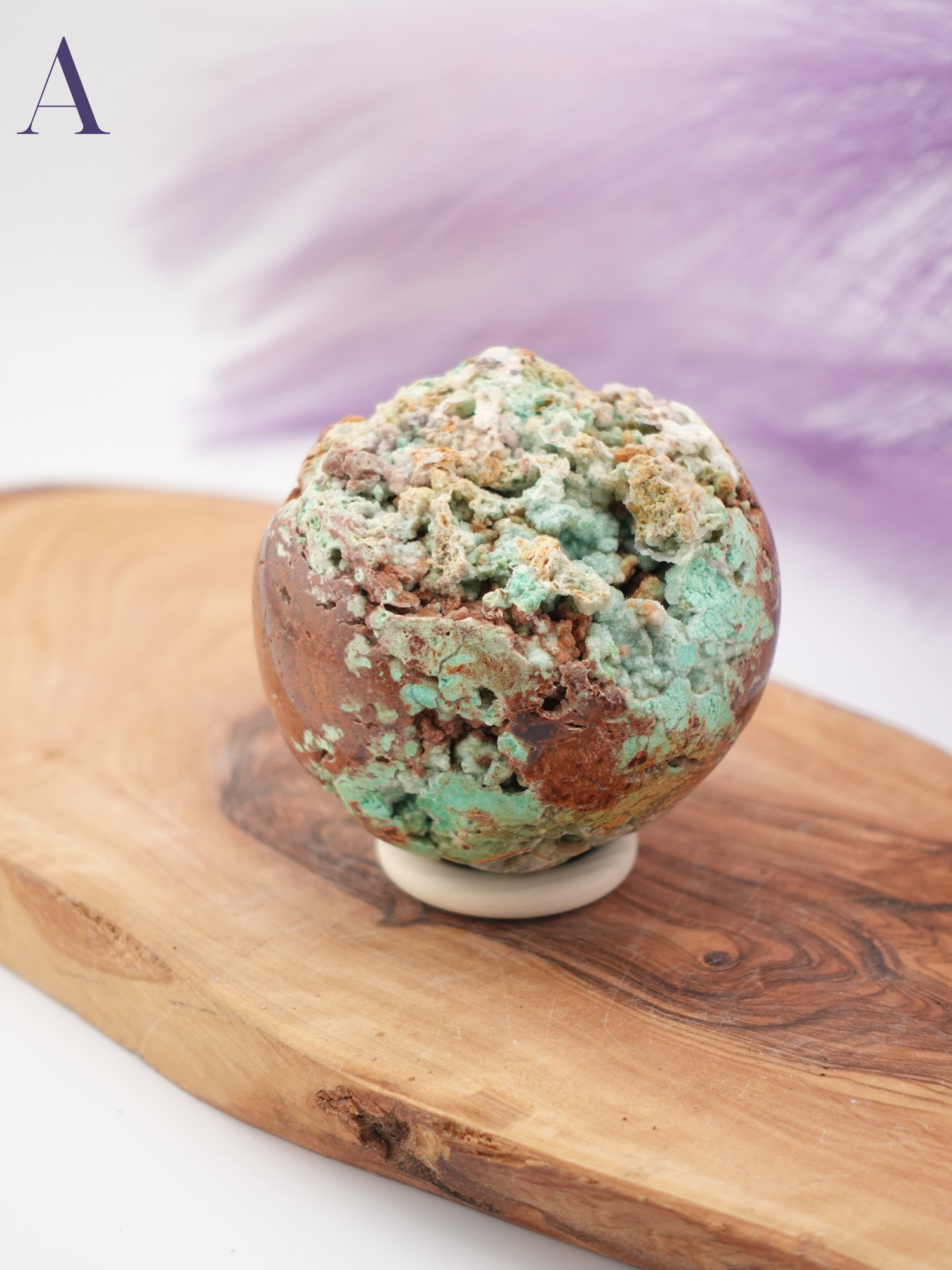 Smithsonite sphere option A on wooden stand