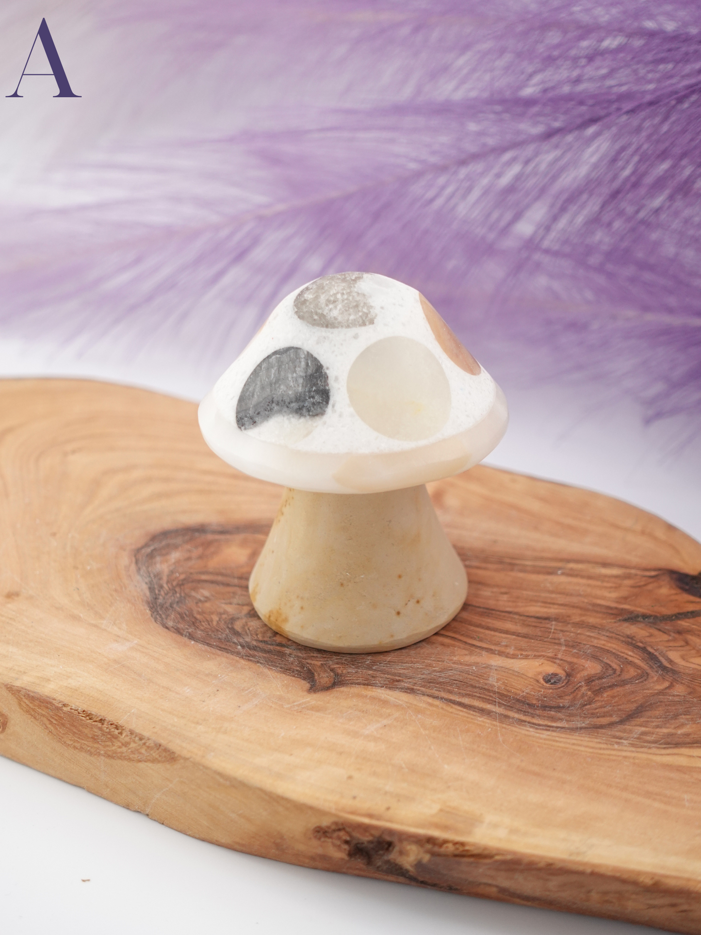 Banded calcite mushroom option A on wooden display stand