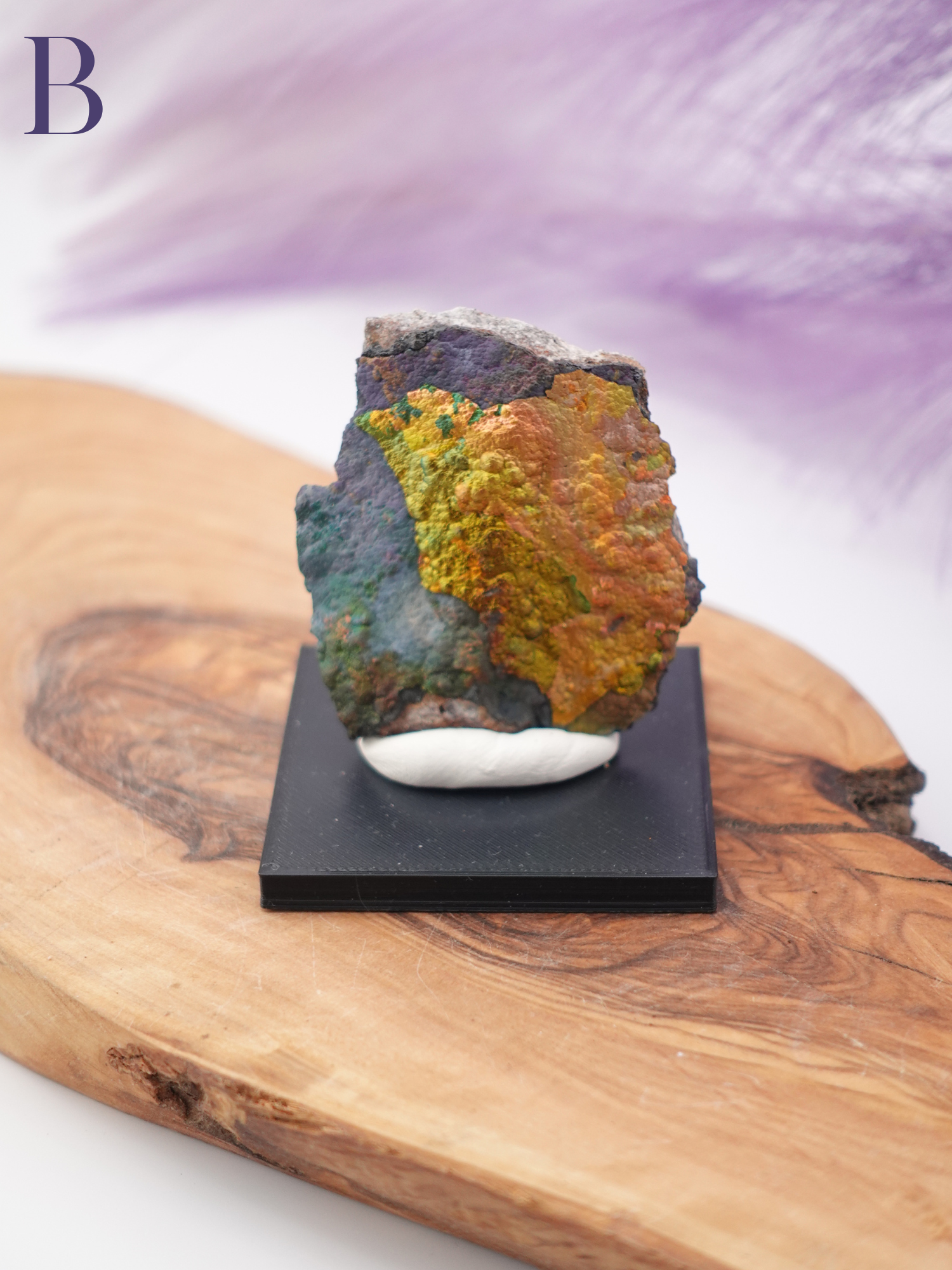 Turgite specimen option B on black stand displayed on wooden stand