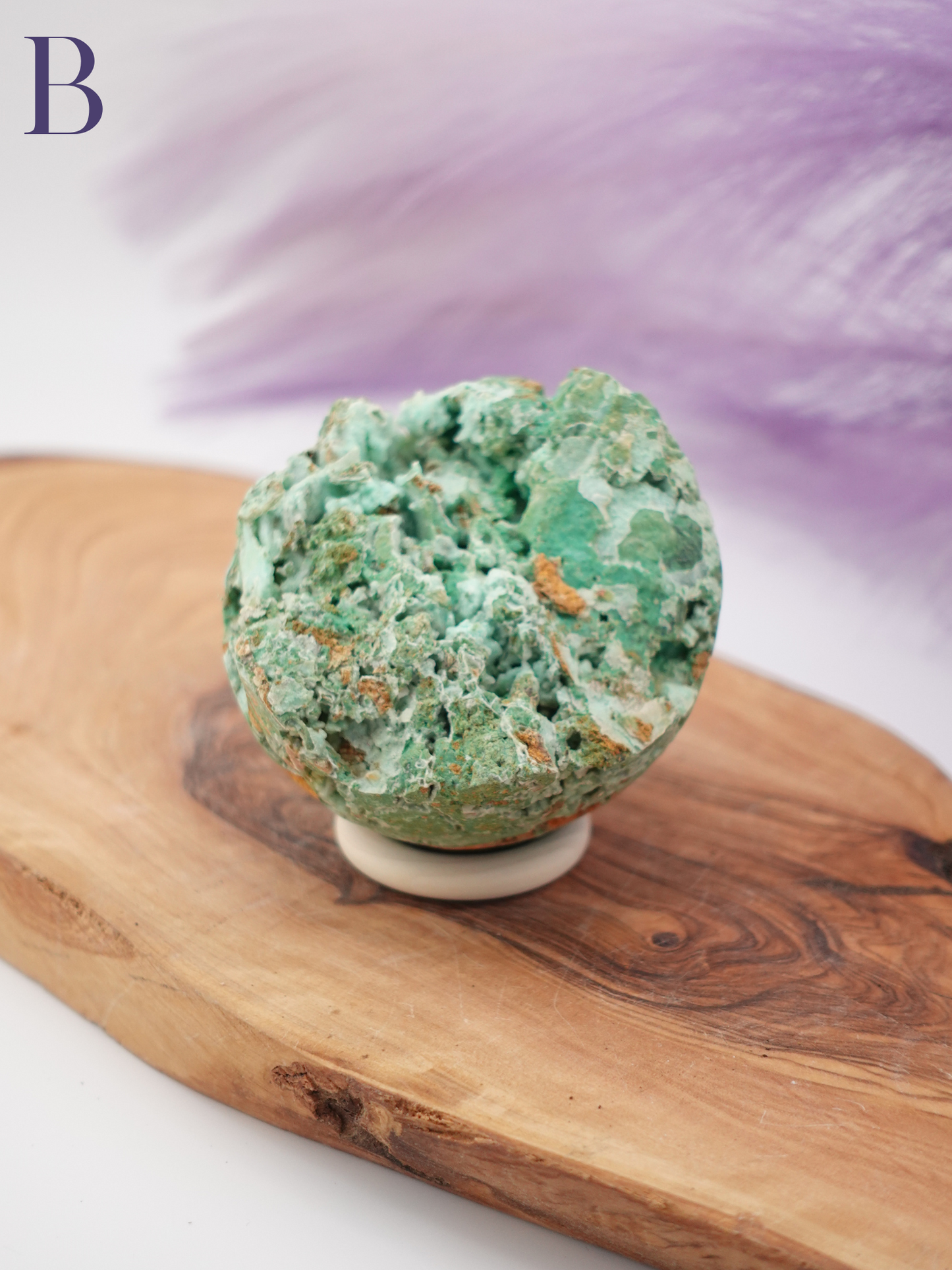 Smithsonite sphere option B on wooden stand