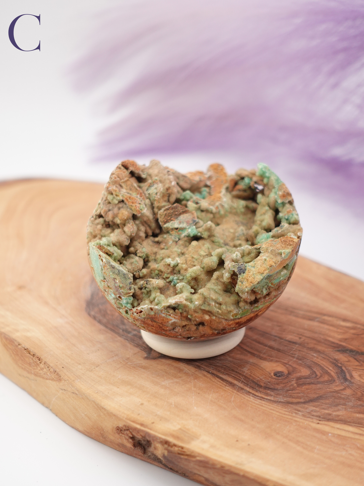 Smithsonite sphere option C on wooden stand