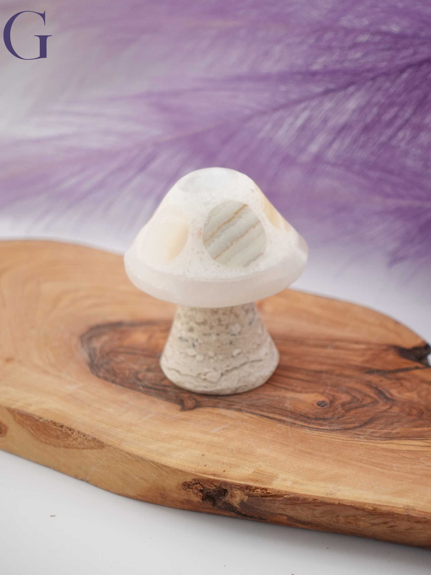 Banded calcite mushroom option G on wooden display stand