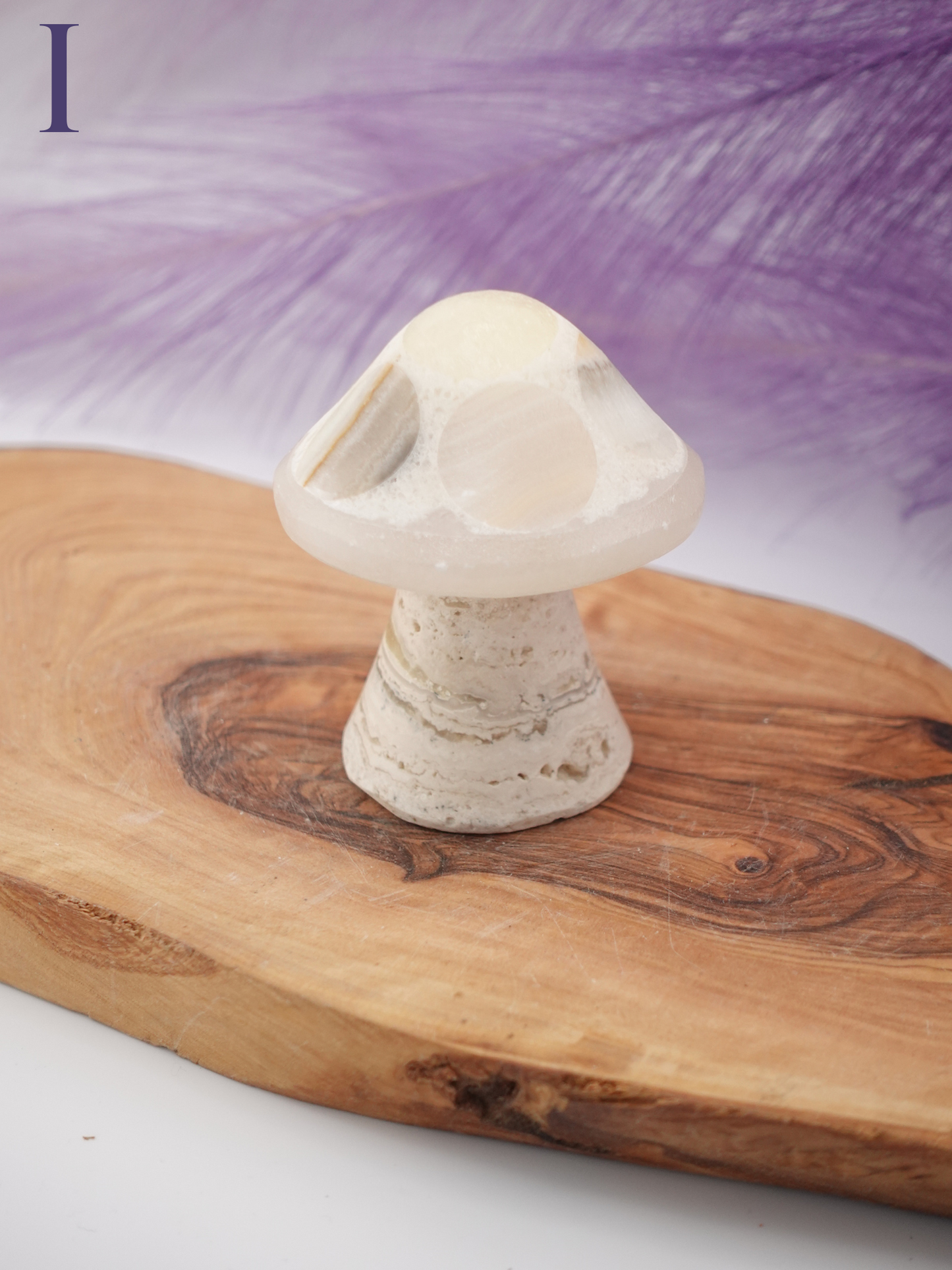 Banded calcite mushroom option I on wooden display stand