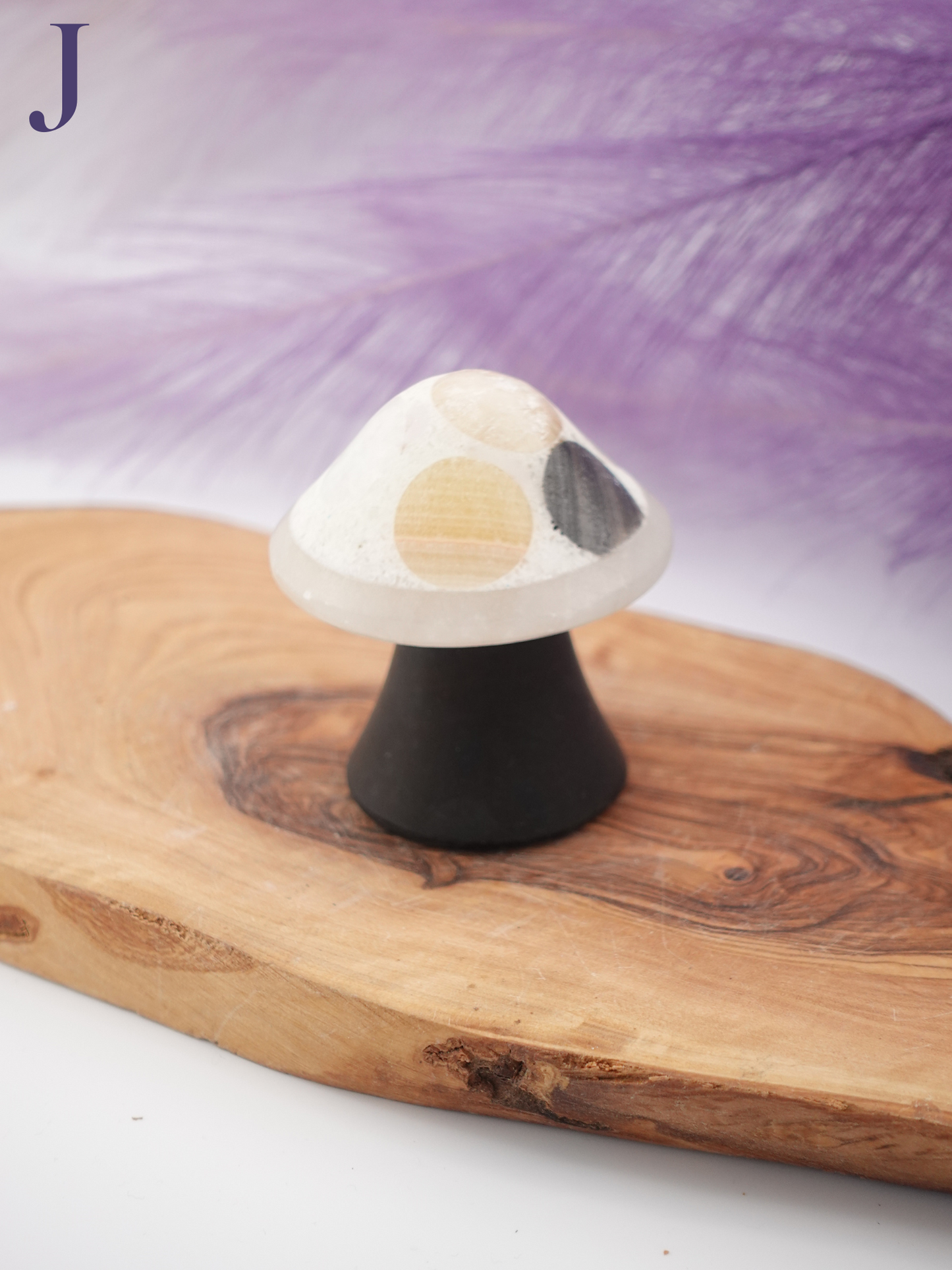 Banded calcite mushroom option J on wooden display stand