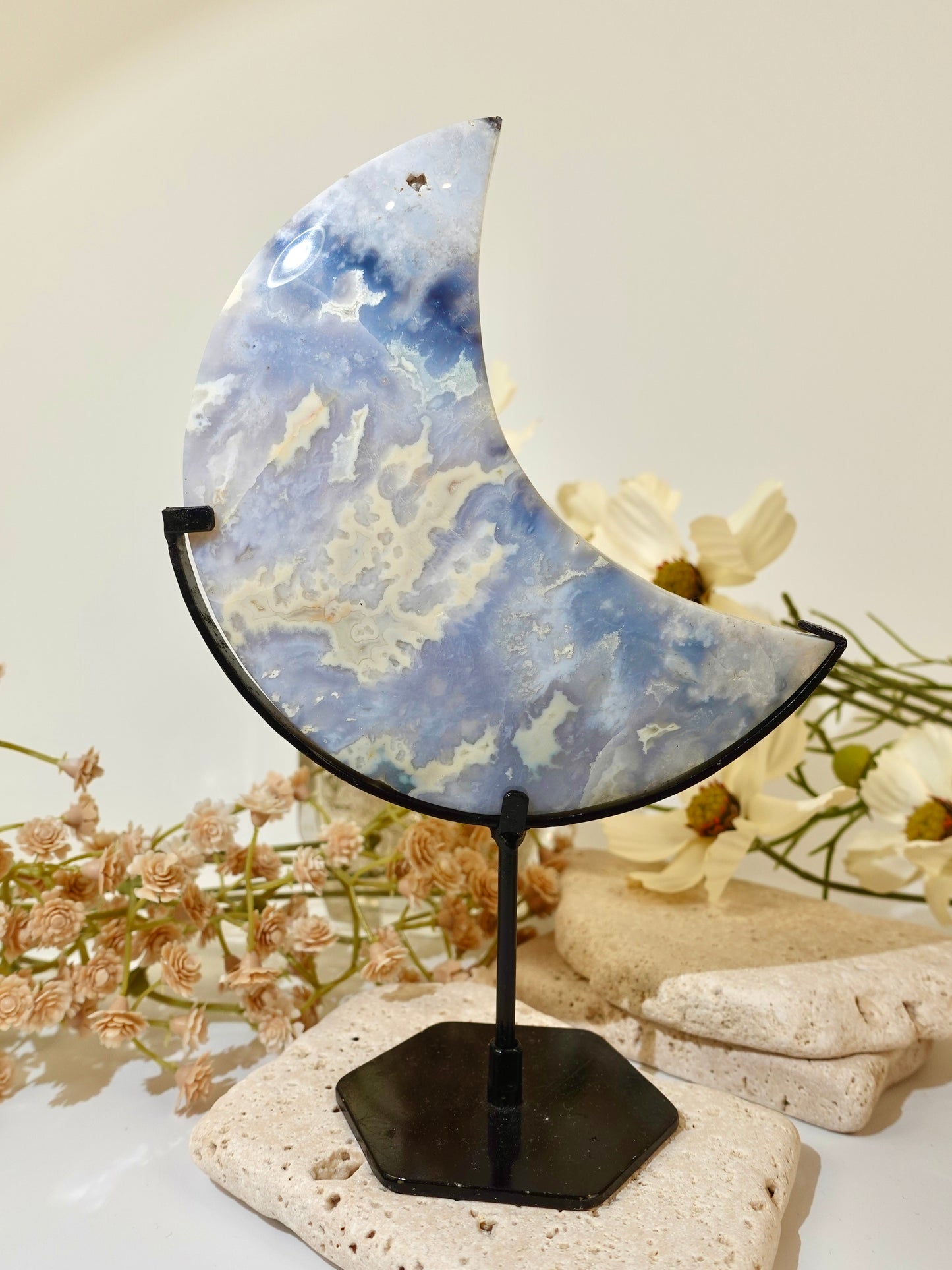Blue Plume Agate Moon on Stand