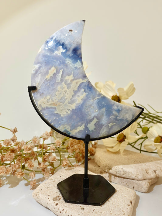 Blue Plume Agate Moon on Stand