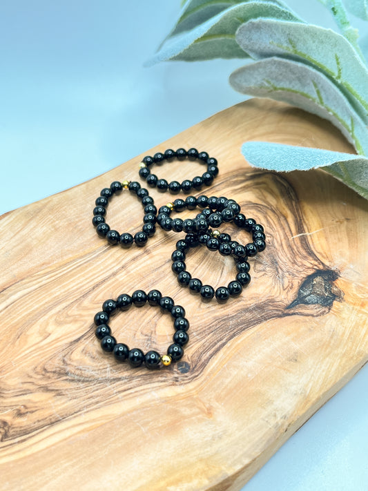 Black Obsidian - Round Beaded Stretchy Ring