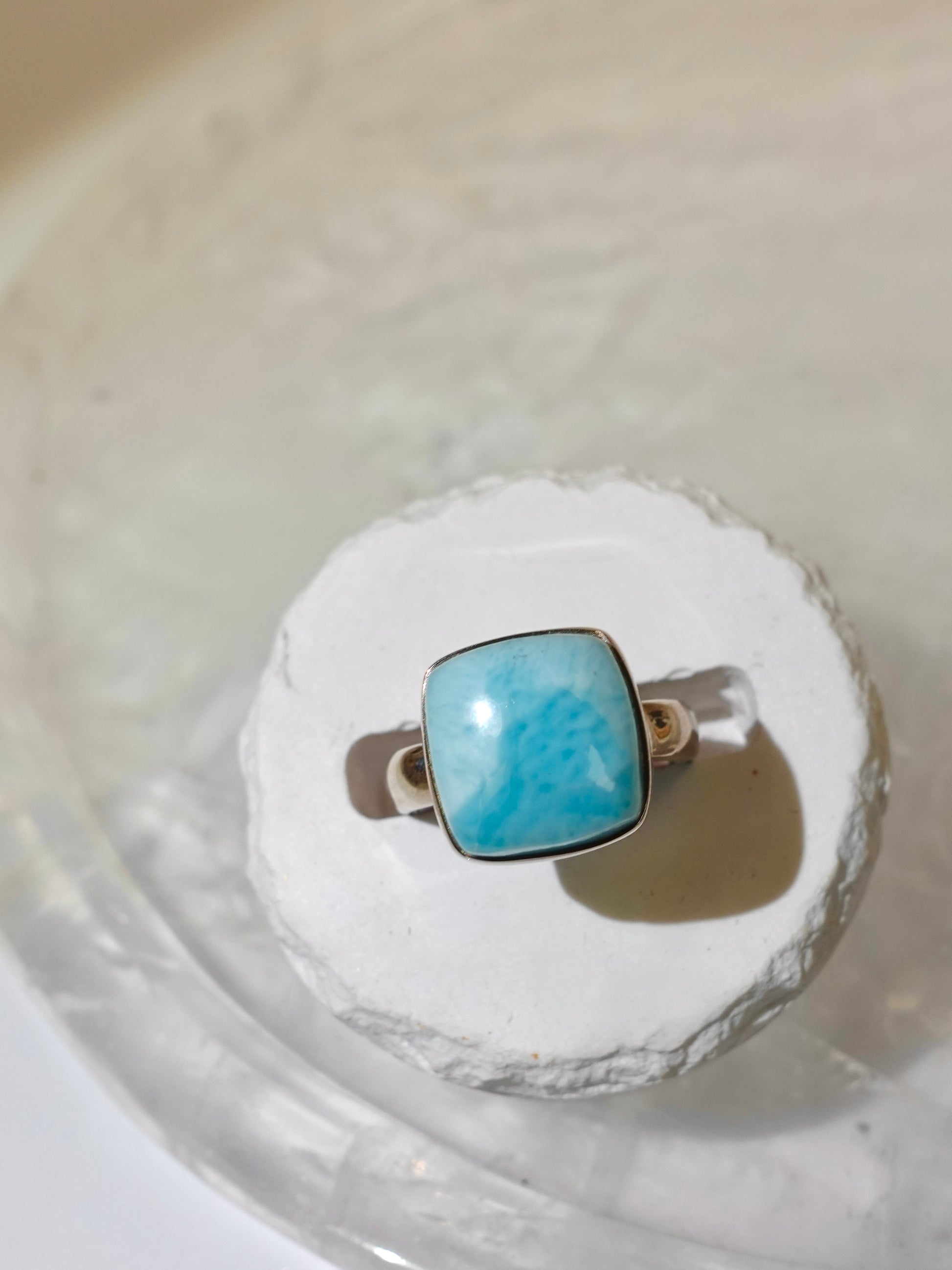 Larimar ring on white ring stand