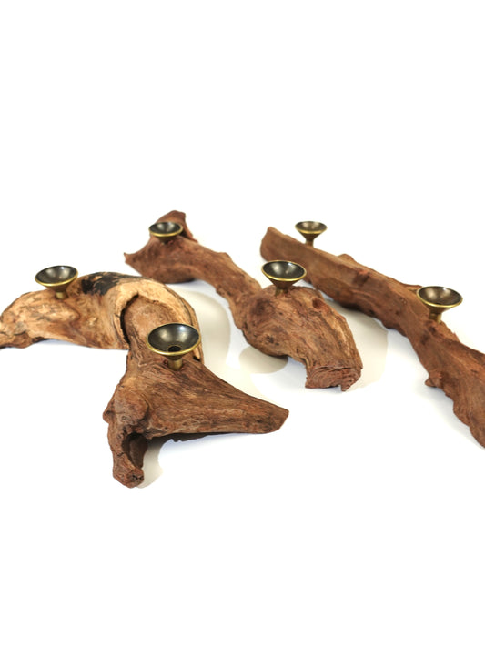 Driftwood with embedded metal holders on a white background