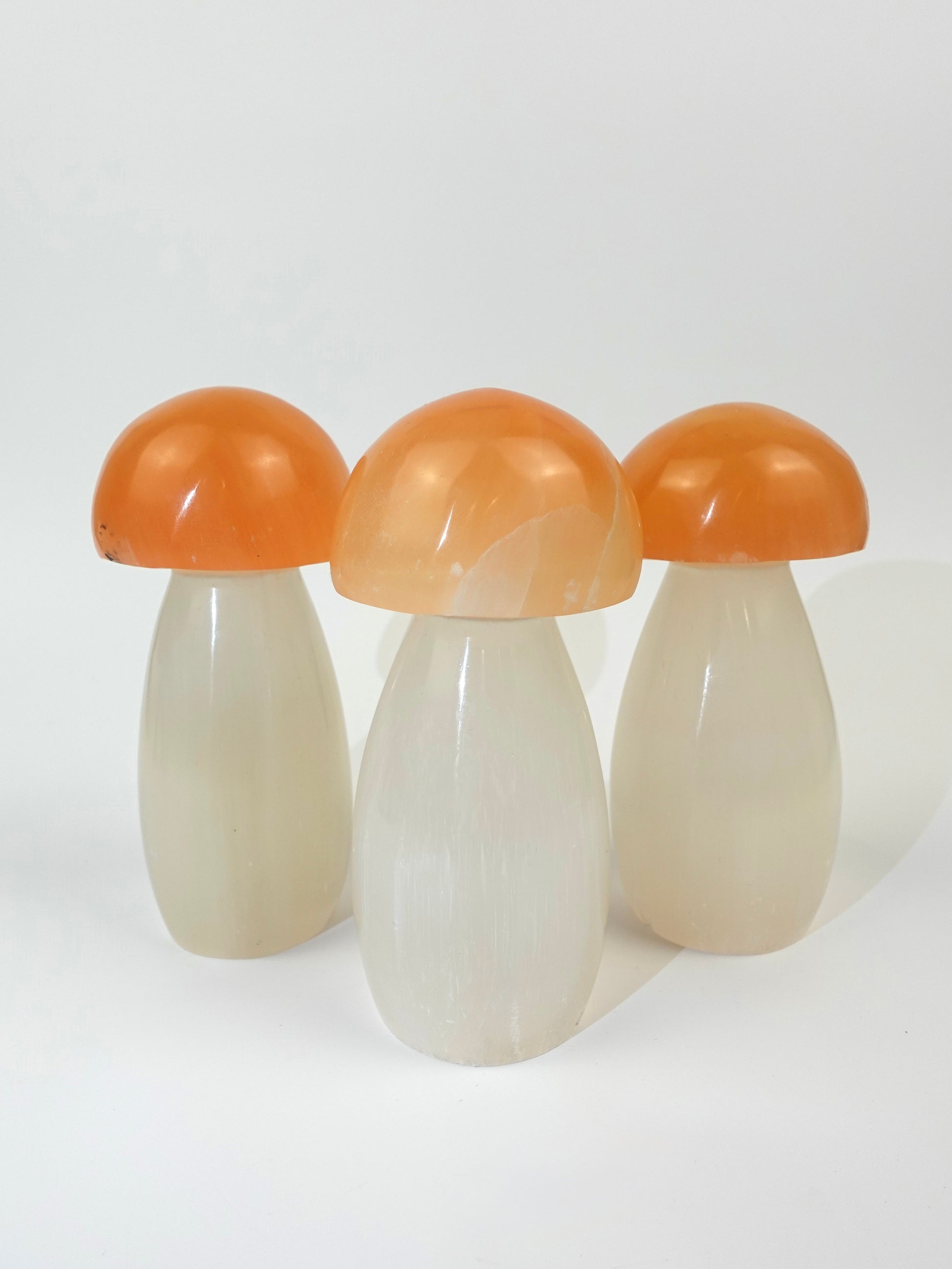Three selenite mushroom lamps on white background