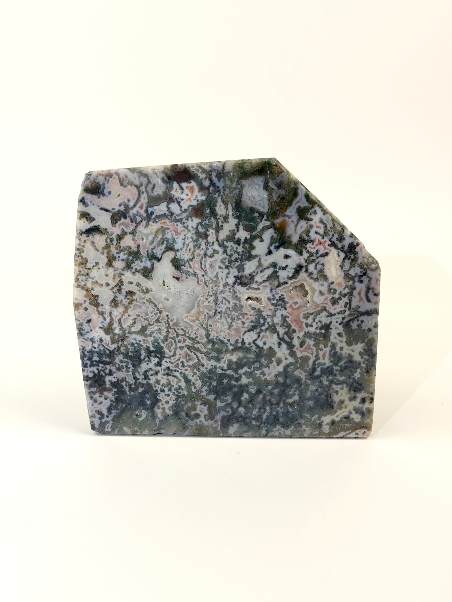 Pink Moss Agate slab on white background D