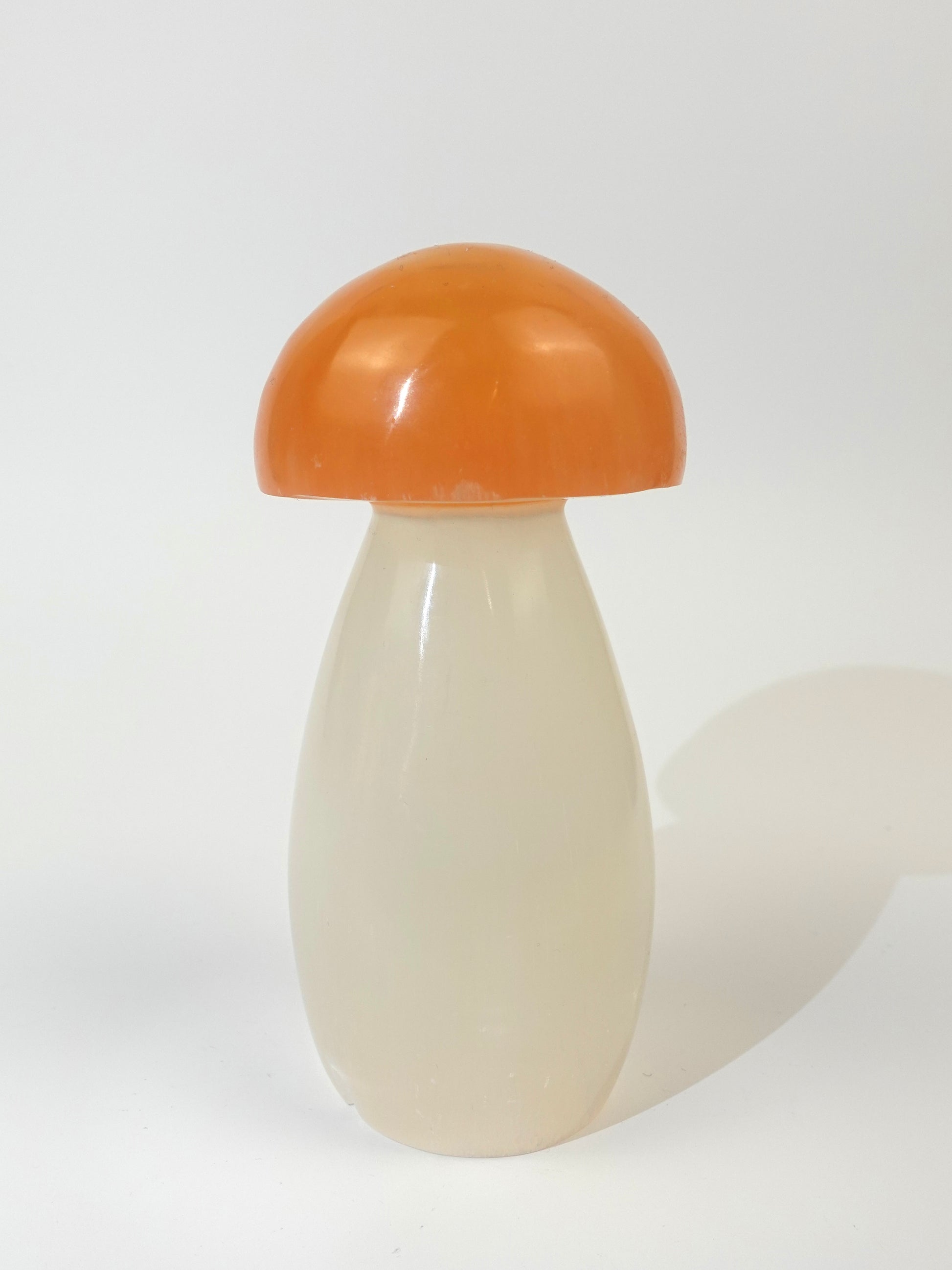 Mushroom selenite lamp on white background