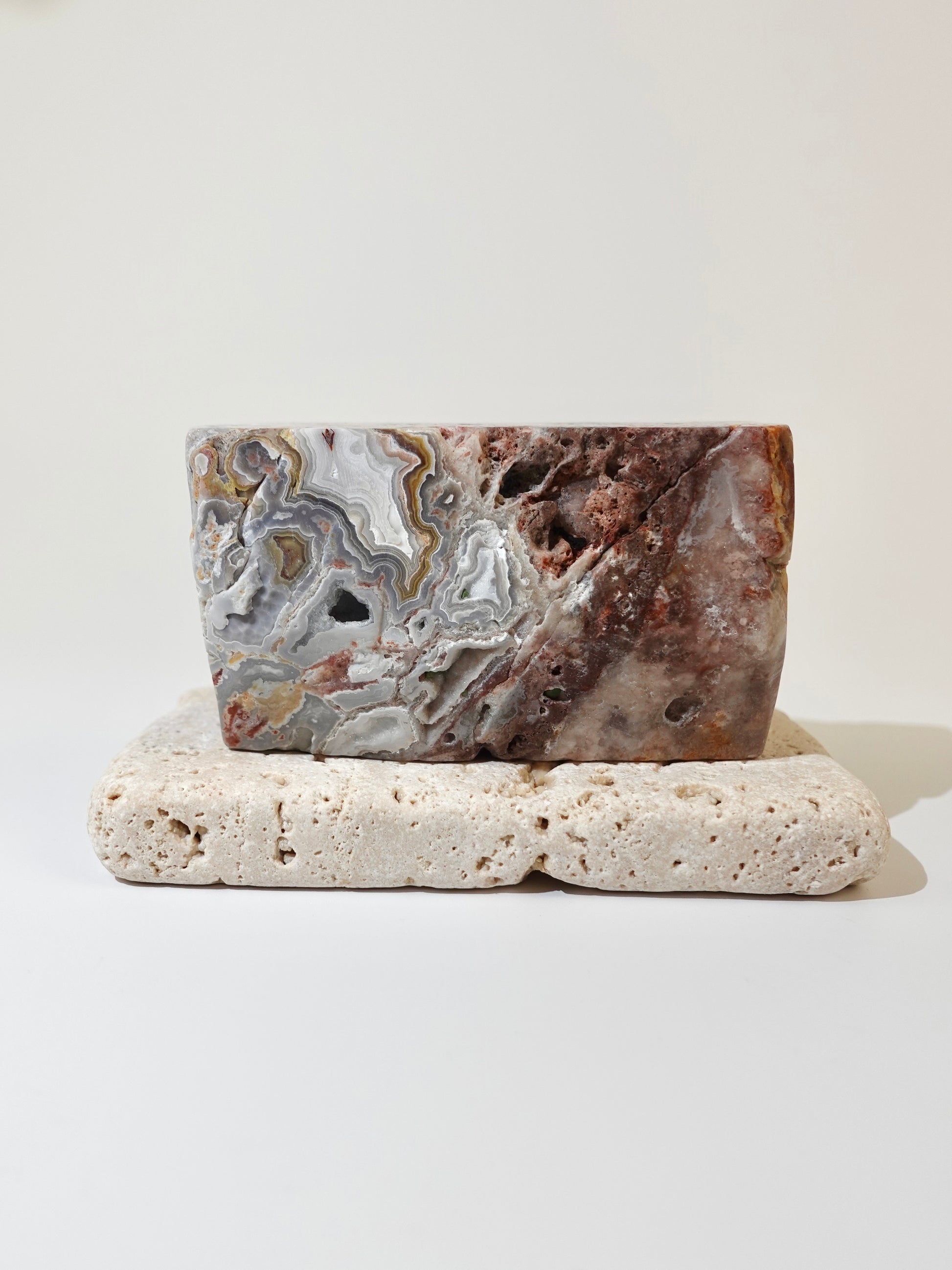 Mexican Crazy Lace Freeform Option B Top on Side on travertine display with a white background