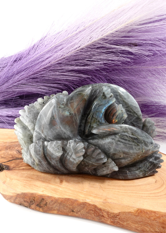 Labradorite dolphin carving on a wooden display stand