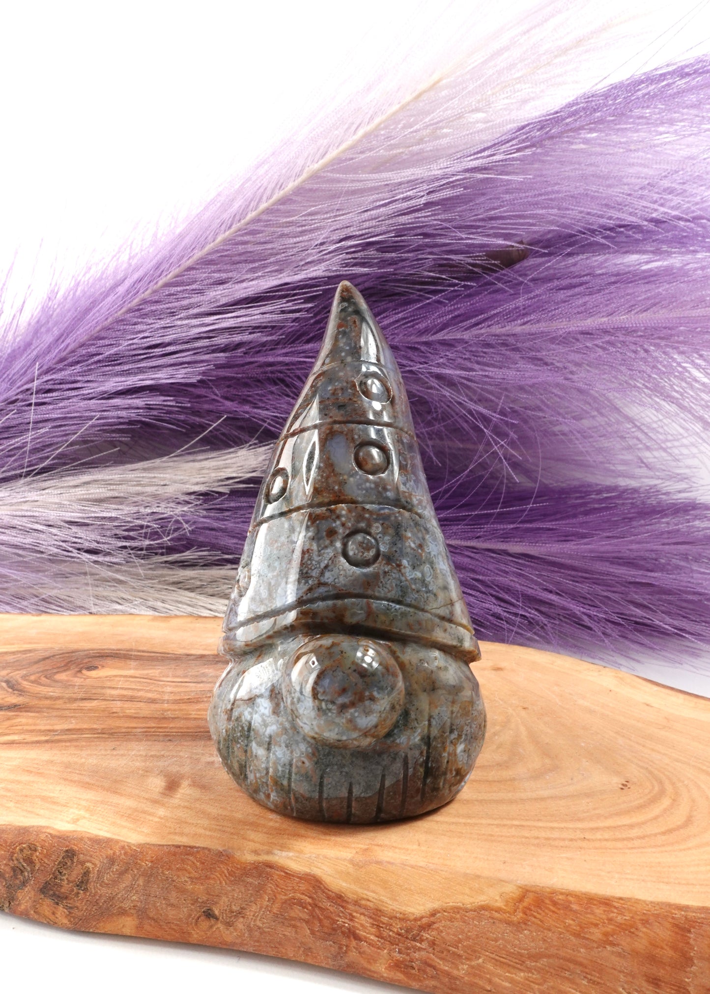 Sea Jasper Gnome option B on wooden display stand