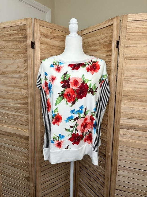 Bright Floral Drop Shoulder Top with Stripes