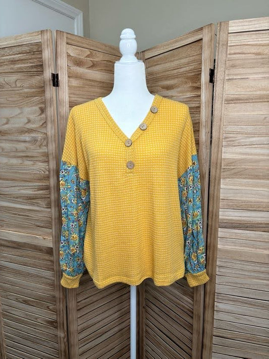 Mustard Waffle Knit Top with Floral Bishop Sleeves