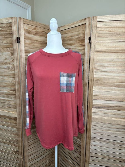 Cranberry Plaid Print and Pocket Detail Long Sleeve