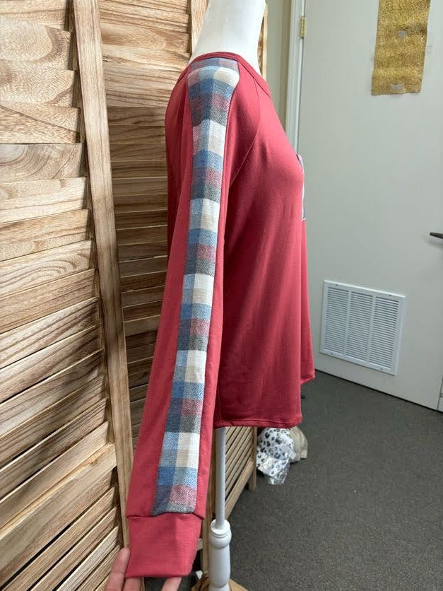 Cranberry Plaid Print and Pocket Detail Long Sleeve