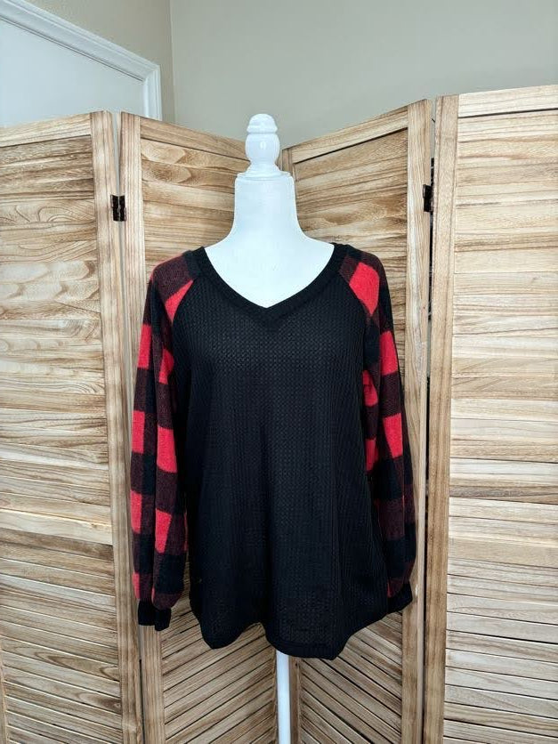 Red Buffalo Plaid Bubble Sleeve Top