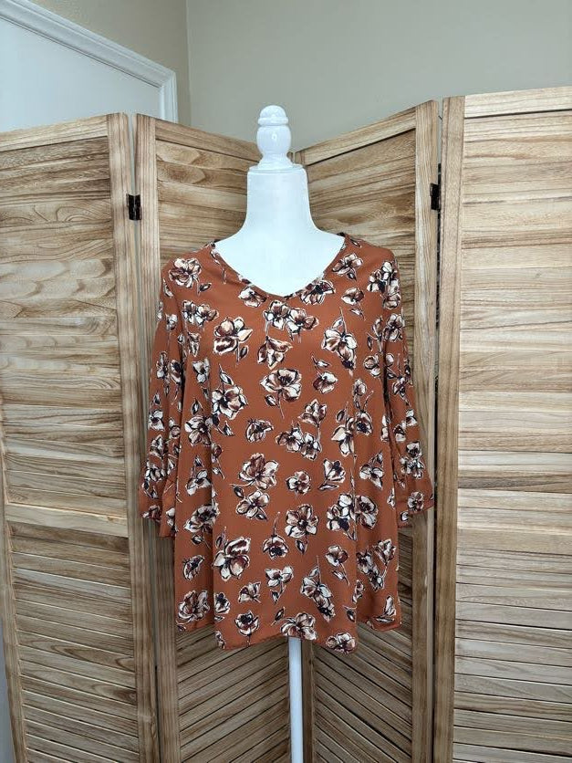 Rust Floral V Neck with Bell Sleeves