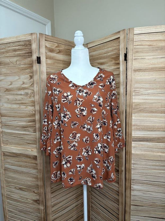 Rust Floral V Neck with Bell Sleeves