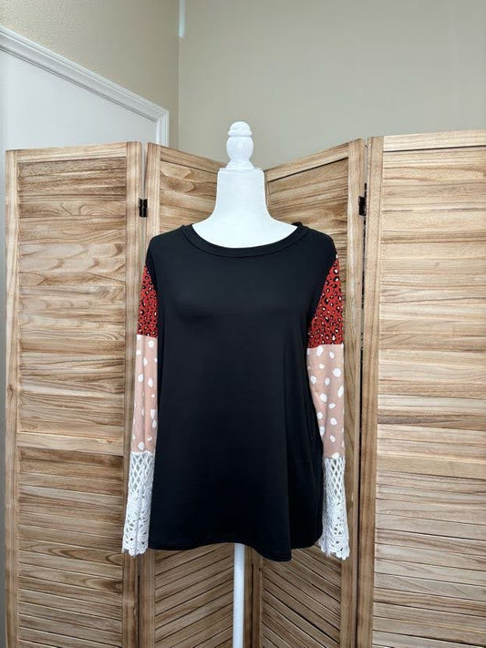 Leopard Print Color Block with Crochet Lace Top