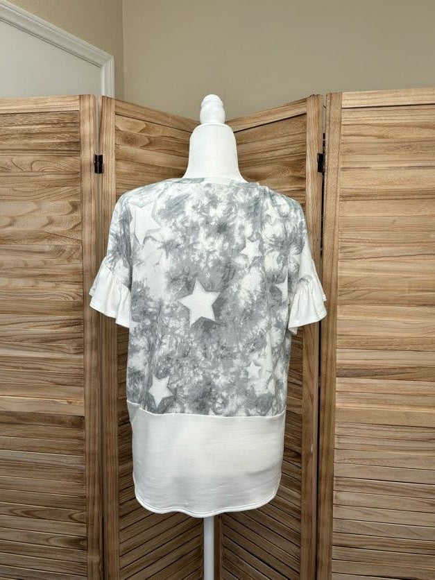 Tie Dye and Star Printed Ruffled Short Sleeve Top