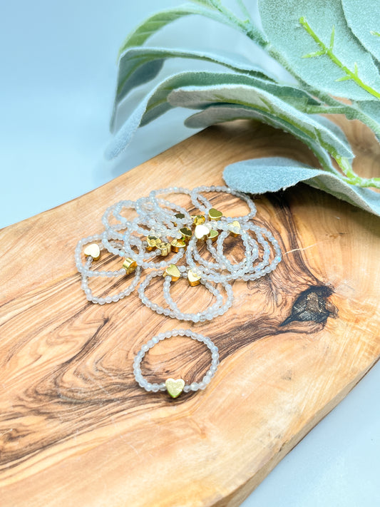 Labradorite - Crystal Round Beaded Ring w/ Gold Heart Bead