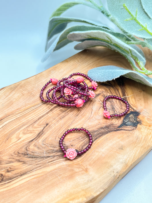 Garnet Crystal Beaded Ring with Rose