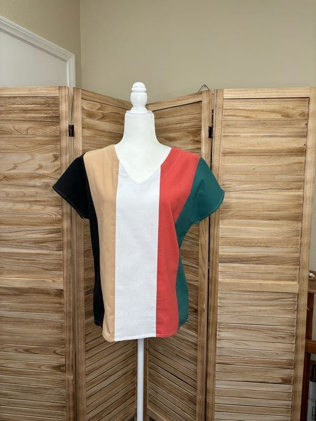 Vertical Multi Color Block V Neck Top