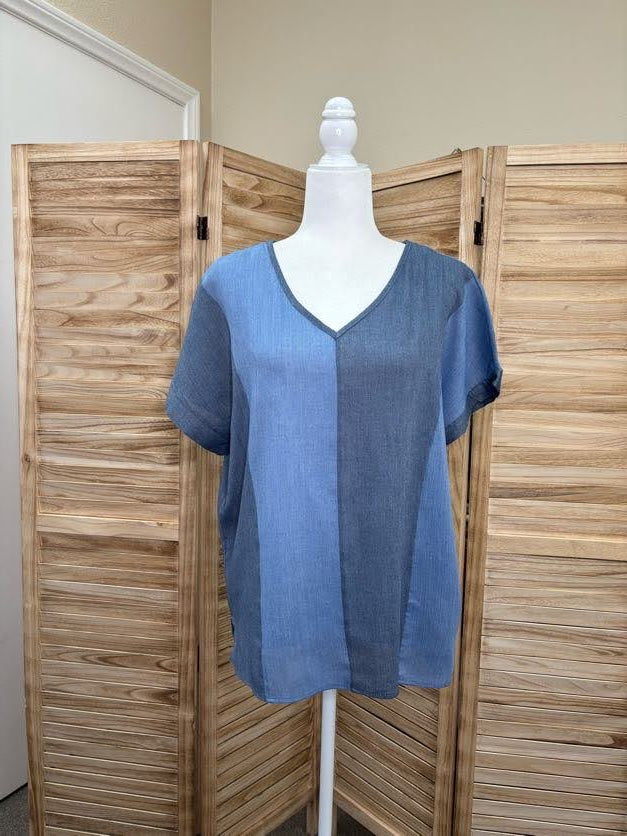 Denim Chambray Color Block Dolman Top