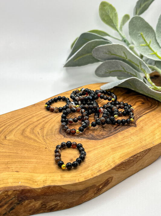 Black Lace Agate - Round Beaded Stretchy Ring