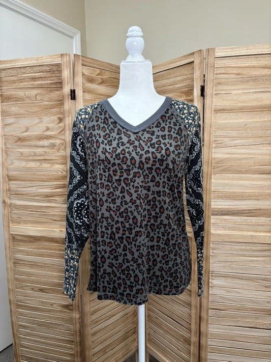 Leopard Floral Print Block Long Sleeve Top