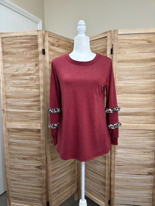 Leopard Ruffle Detail Burgundy Long Sleeve