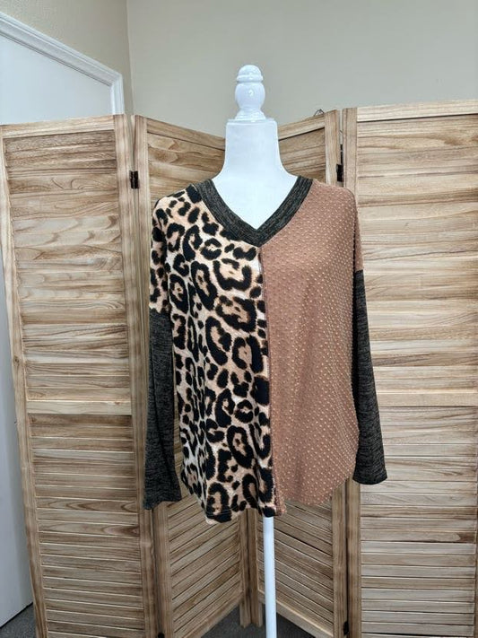 Leopard Hacci Color Block Long Sleeve Top