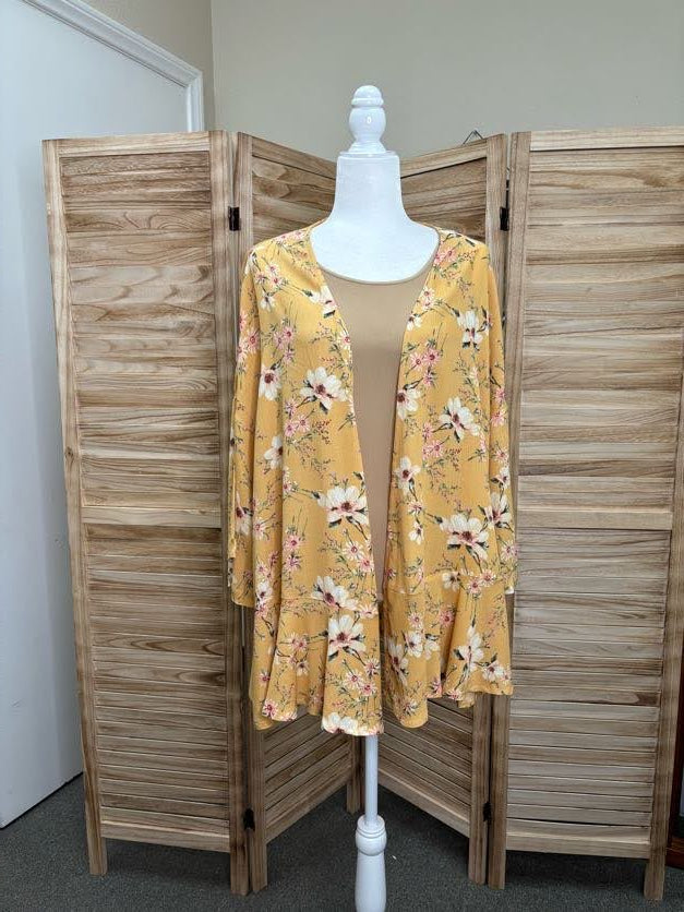 Mustard Floral Open Ruffle Kimono