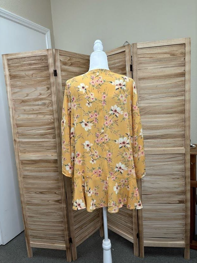 Mustard Floral Open Ruffle Kimono