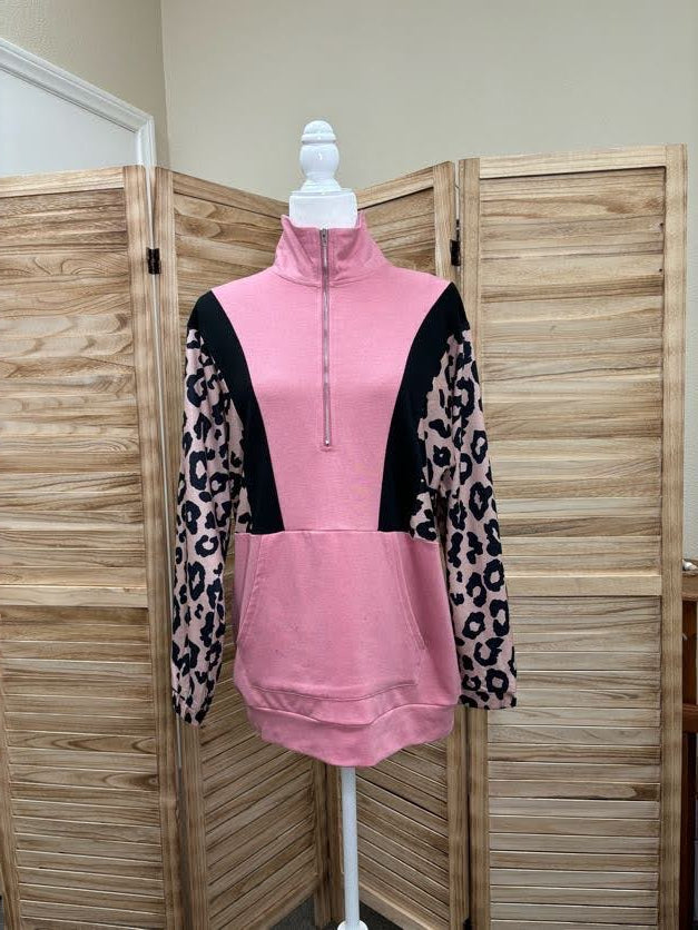 Pocketed Half Zip Leopard Pullover Sweatshirt