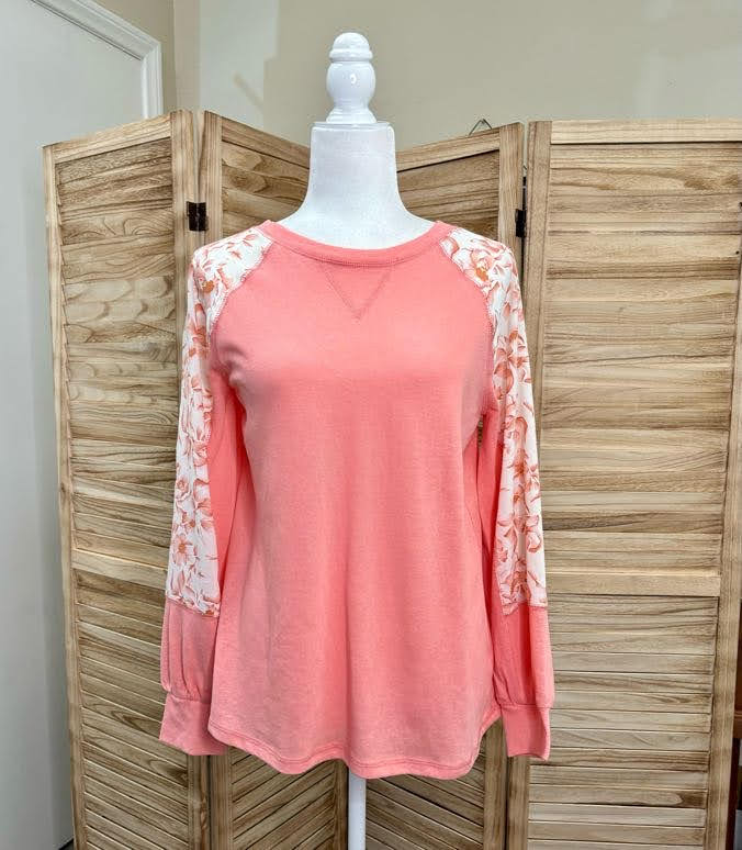 Papaya Knit Top w/Chiffon Floral Sleeves