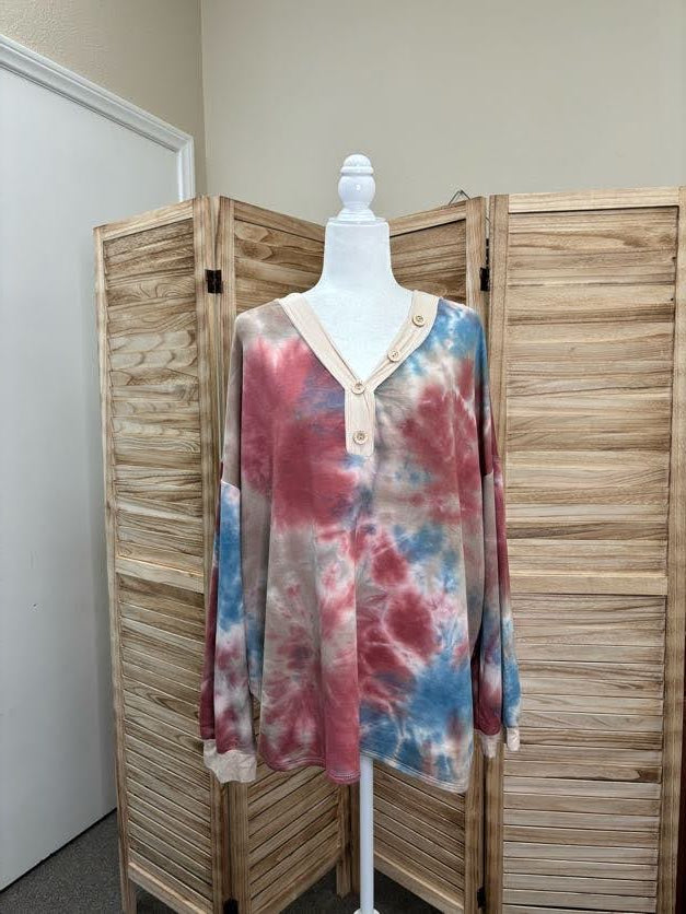 Tie Dye Button Accent Bubble Sleeve Top